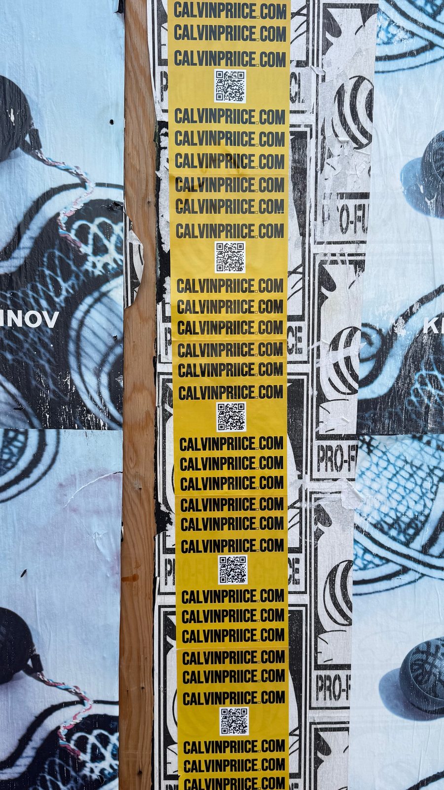A tall vertical strip of repeating CALVINPRIICE.COM stickers down a post in LA